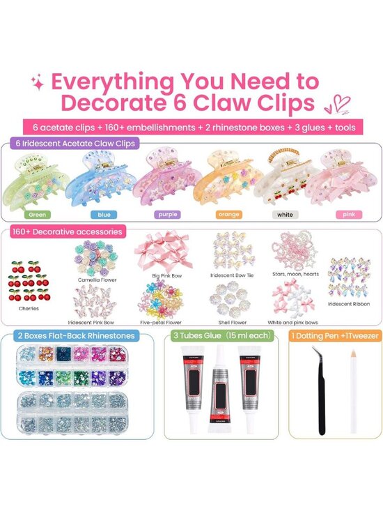 DIY Claw Clip Decorating Kit - 6 Acrylic Hair Clips with Rhinestones & Charms main image 7